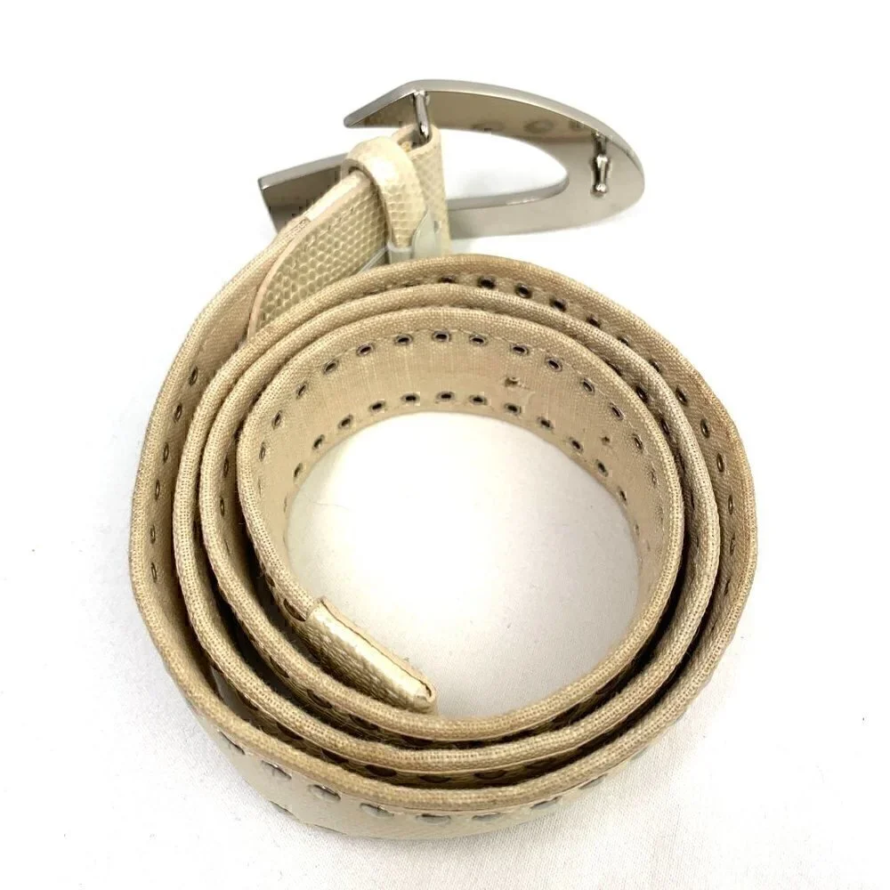 Alberto Guardiani Embellished Snakeskin Embossed Leather Belt Cream, 38